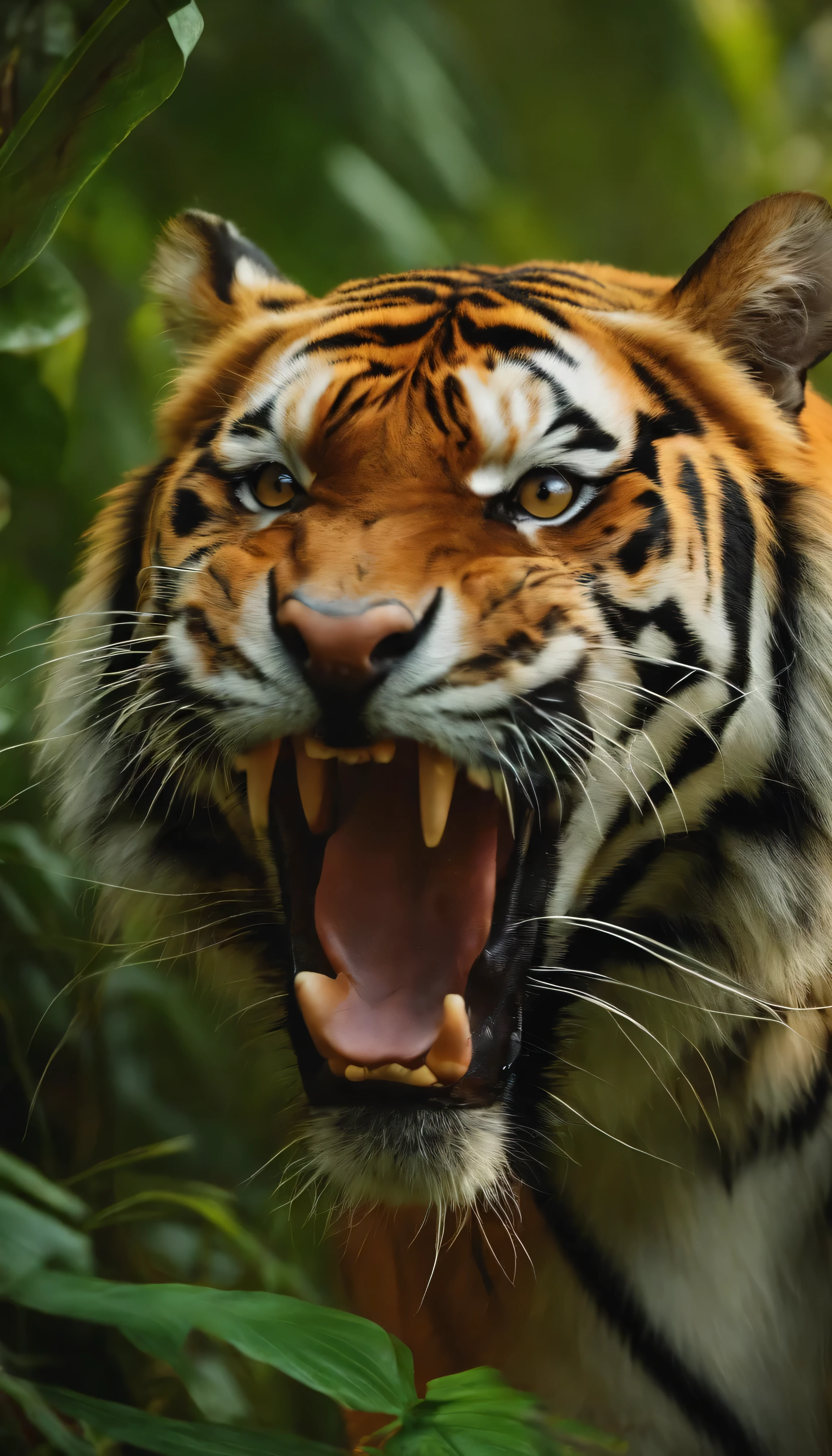 Closed up An angry big eyes shouting tiger in jungle