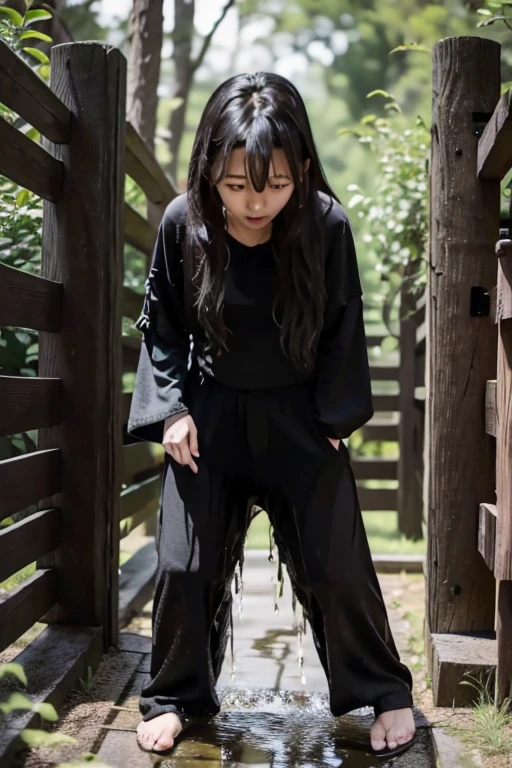 Japanese Girl sees the ghost and pees her black palazzo pants until her pants are wet in fright.
