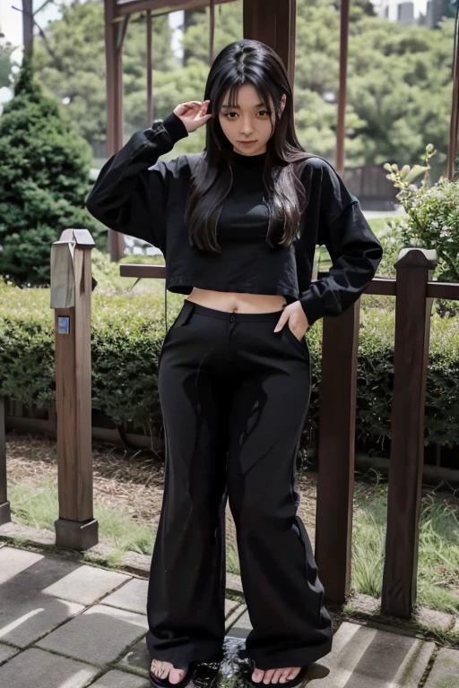 Japanese Girl sees the ghost and pees her black palazzo pants until her pants are wet in fright.