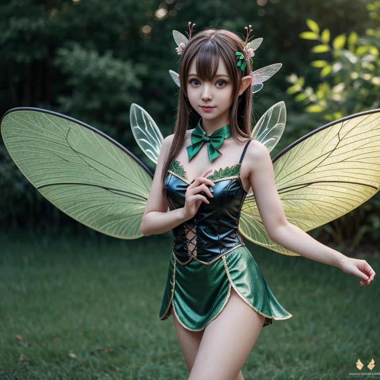 Anime girl in green and black costume on wings and green background, pixie character, fairy, forest fairy, insect trainer girl, brunette elf with fairy wings, pixie, cute 3d anime girl rendering, April rendering, fairy dance, open legs