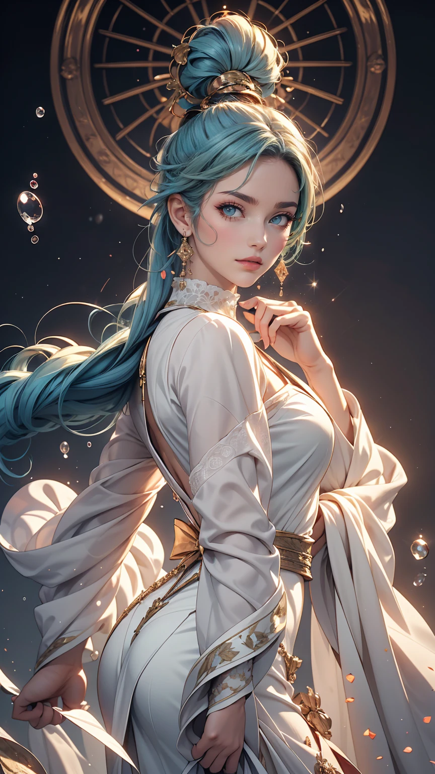 (masterpiece), (highest quality), (Super detailed),(Disheveled Hair),(figure), (One girl), (Fashionable clothes), Are standing, Fashion Model, View Viewer, (interview), (Simple Background),Beautiful fine details, Delicate and beautiful face, floating,(High chroma),(Colorful splashes),Colorful Bubbles,(The Shining), Focus on the face, ponytail, kamisato ayaka, Light blue hair, bangs, Hair Ring, Floating Flowers, Floating hair, (The Shining), Best lighting, Best Shadow,
