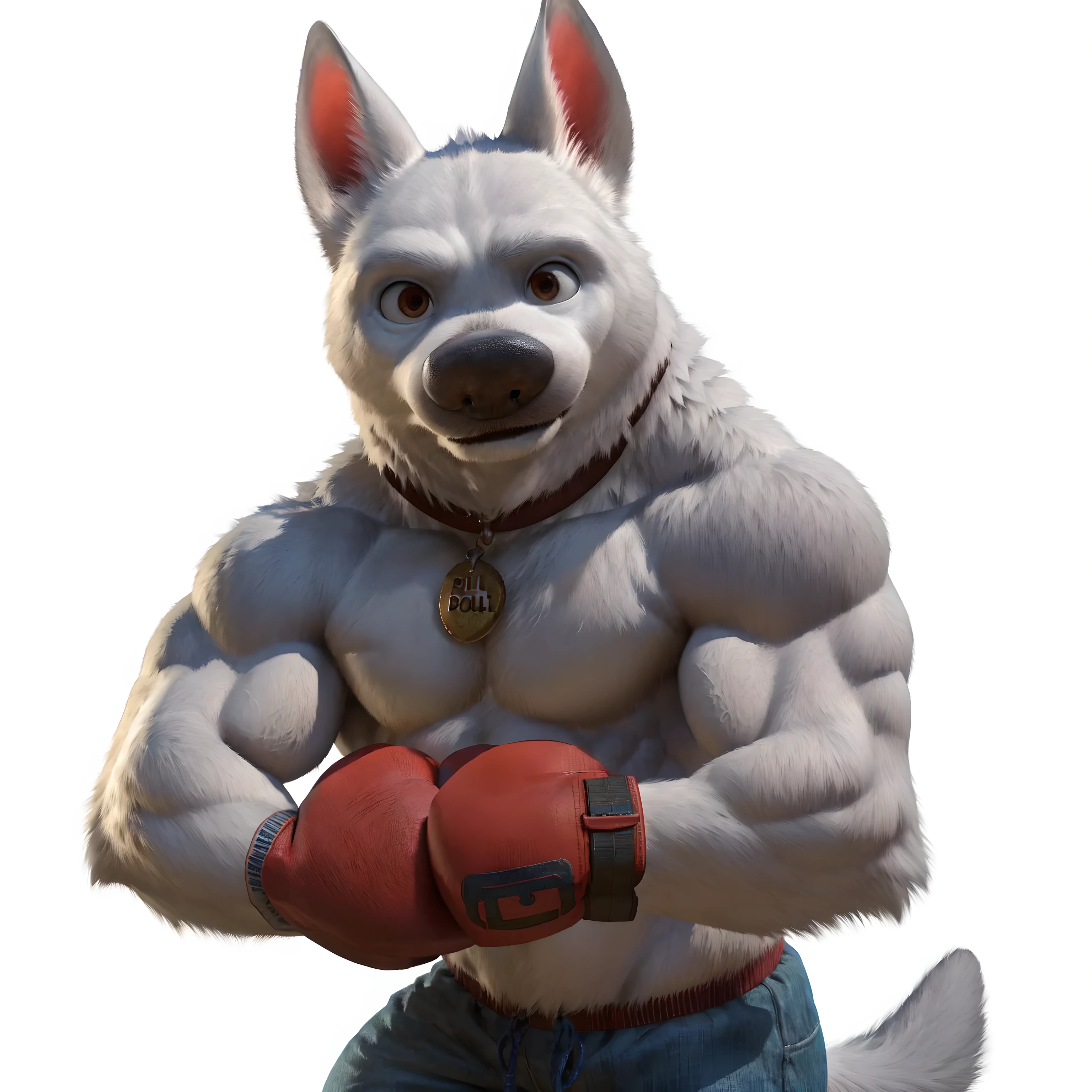 bolt the dog, adult, masculine, male, very muscular:1.5, muscles:1.5, muscular shoulders, strong body, muscular neck, taran fiddler style, virtyalfobo style, (no background, white background):1.3, detailed eyes, high quality, correct shadows, correct lighting, realistic lighting, detailed fur, realistic fur, high resolution, detailed, collar, full body, muscular arms, white fur, red boxing gloves:1.1, wearing boxing gloves:1.1, detailed boxing gloves, (upper body, half body:1.1)