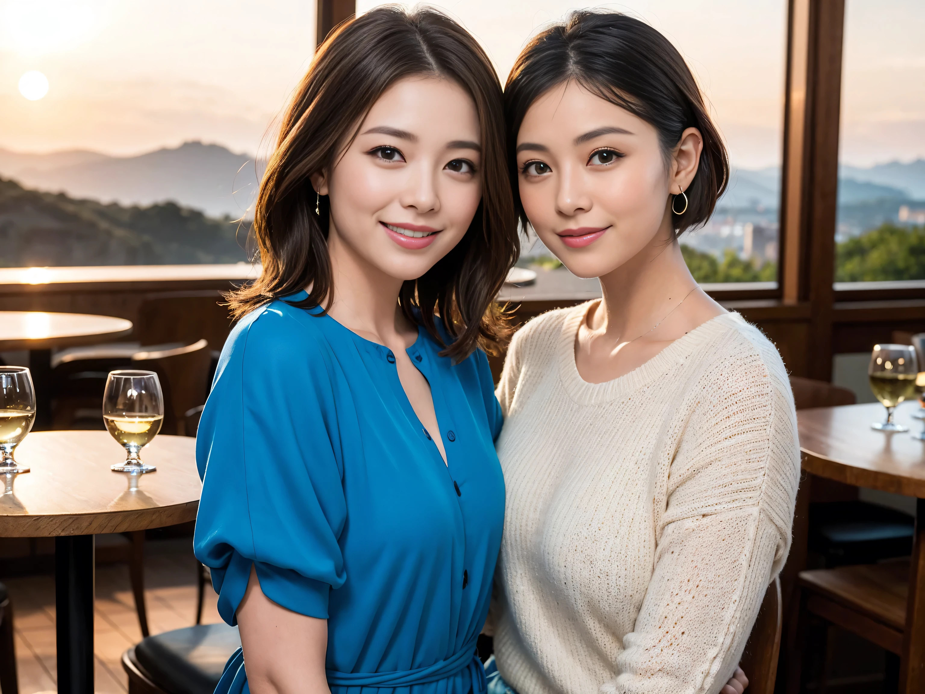 ((highest quality、8k、masterpiece:1.3))、Satomi Ishihara lookalike beauty、1 male、1 female、Couple、Spouse、half、The body is slim、((Bob Hale、Straight hair:1.2)), (Realistic, Intricate details:1.2), Wine glass on the table、Put the light on your face、 Amazing view of the sunset sky and clouds、Amazing mountain views、A bright smile、The wonderfulness of smile、Bright image、The beauty of wine, Beautiful Face, blue eyes, The light shines on your face, Blushing, short hair,Bright Face、 (Age 37), 39 years old, red wine 、Appetizers、Italian food、Wine bottle、Champagne、sparkling wine、Two beauties、Brown Hair、Shortcuts、Long sleeve shirt、dress、Pretty Woman 1, (Slim face), (The body is slim), (Brown Hair), (Shortcuts), cheeks turn a little red,Attractive beauty、restaurant, In a prominent place (From the waist up) Nova Frog Style, actress, model, Upper Body, White wine, slim, wine glass, A wine glass placed in the center, smile, (smile: 1.15), Beautiful fine grain, Depth f/2,saturation, High Contrast, Strong light and shadow,Moist Body:1.5、3D texture、Delicate eyes、Brown Hair、The hair is very shiny、