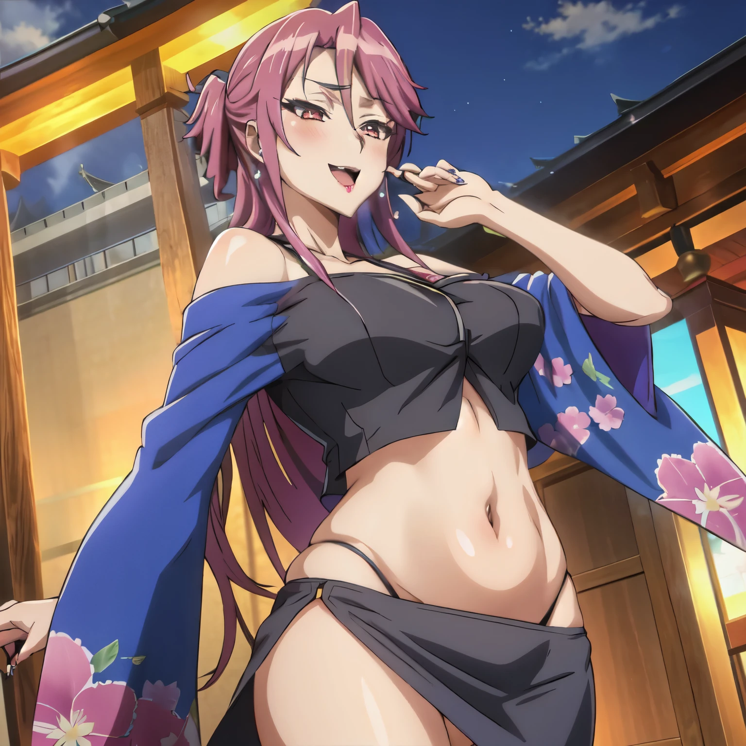 2girl, two girl ,long hair, jewelry, earrings, nail polish,  wristwatch, large breasts, blush, lipstick, masterpiece, best quality, highly detailed, a anime girls in kimono dress with a sword posing for a
picture, bare shoulder,open kimono, evil smile, open mouth, crop top , , smile,
ecchi anime style, anime girls, ecchi style, ecchi, digital anime art!!, in anime style, official artwork, visual
novel cg, beautiful anime girl, anime style 4 k, kimono pencil skirt, exposed belly, exposed navel,
exposed midriff, exposed lower belly, outdoor, japanese architecture, temple