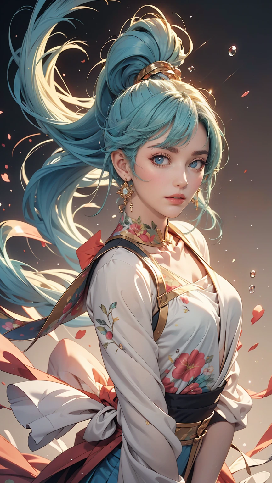 (masterpiece), (highest quality), (Super detailed),(Disheveled Hair),(figure), (One girl), (Fashionable clothes), Are standing, Fashion Model, View Viewer, (interview), (Simple Background),Beautiful fine details, Delicate and beautiful face, floating,(High chroma),(Colorful splashes),Colorful Bubbles,(The Shining), Focus on the face, ponytail, kamisato ayaka, Light blue hair, bangs, Hair Ring, Floating Flowers, Floating hair, (The Shining), Best lighting, Best Shadow,