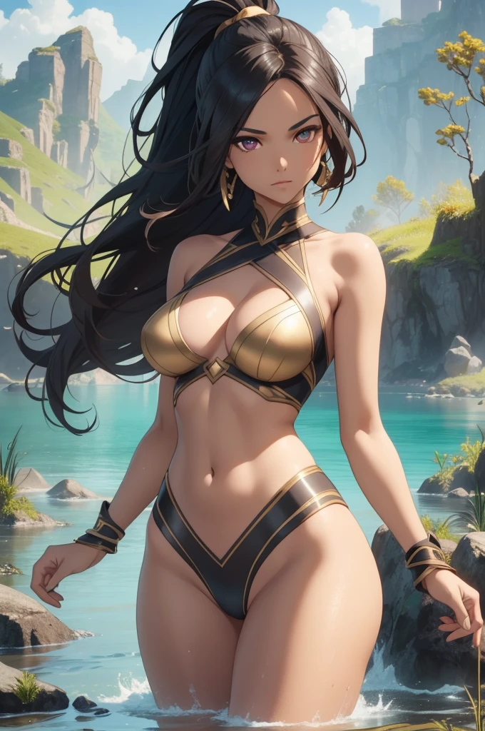 1 beautiful woman, tanned skin, long dark hair, ponytail, golden eyes, ((detailed eyes:1.2)), medium breasts, wearing sexy superheroine costume, nude top half, elegant, hand on hips, sensual, (masterpiece, top quality, best quality, official art, beautiful and aesthetic:1.2), extreme detailed, colorful, highest detailed, unreal engine 5, 8k, picturesque hills background, 3/4 body picture, standing in a shallow lake,
