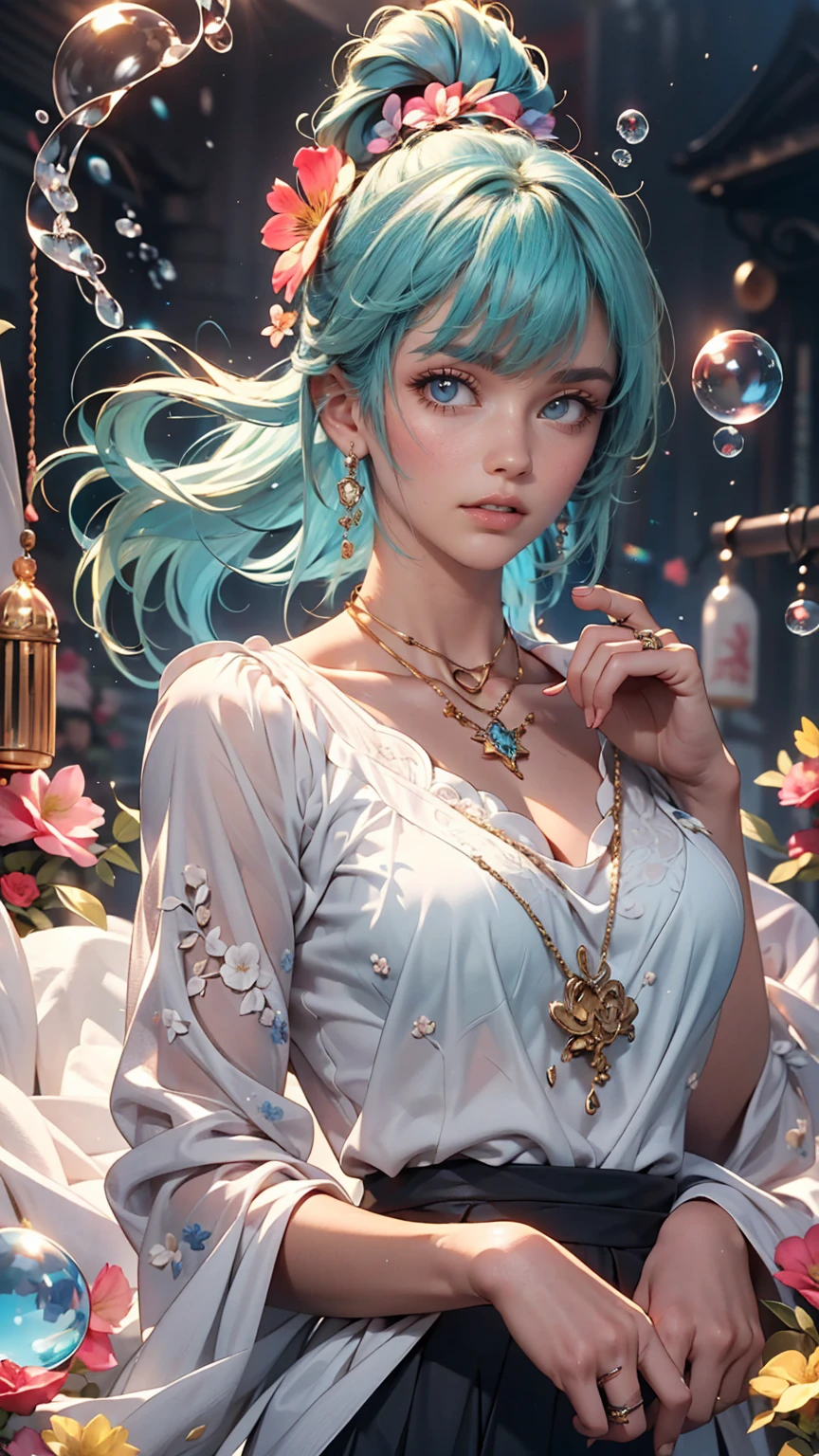 (masterpiece), (highest quality), (Super detailed),(Disheveled Hair),(figure), (One girl), (Fashionable clothes), Are standing, Fashion Model, View Viewer, (interview), (Simple Background),Beautiful fine details, Delicate and beautiful face, floating,(High chroma),(Colorful splashes),Colorful Bubbles,(The Shining), Focus on the face, ponytail, kamisato ayaka, Light blue hair, bangs, Hair Ring, Floating Flowers, Floating hair, (The Shining), Best lighting, Best Shadow,