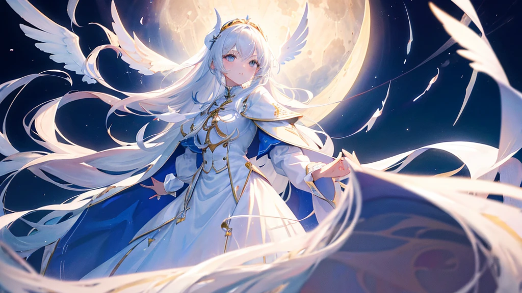 girl with white long hair, bangs, white eyes, judge girl, long white royal clothes, moon and sky, 8k resolution, detail, white wings