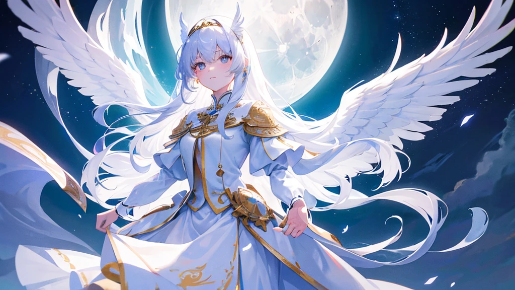 girl with white long hair, bangs, white eyes, judge girl, long white royal clothes, moon and sky, 8k resolution, detail, white wings