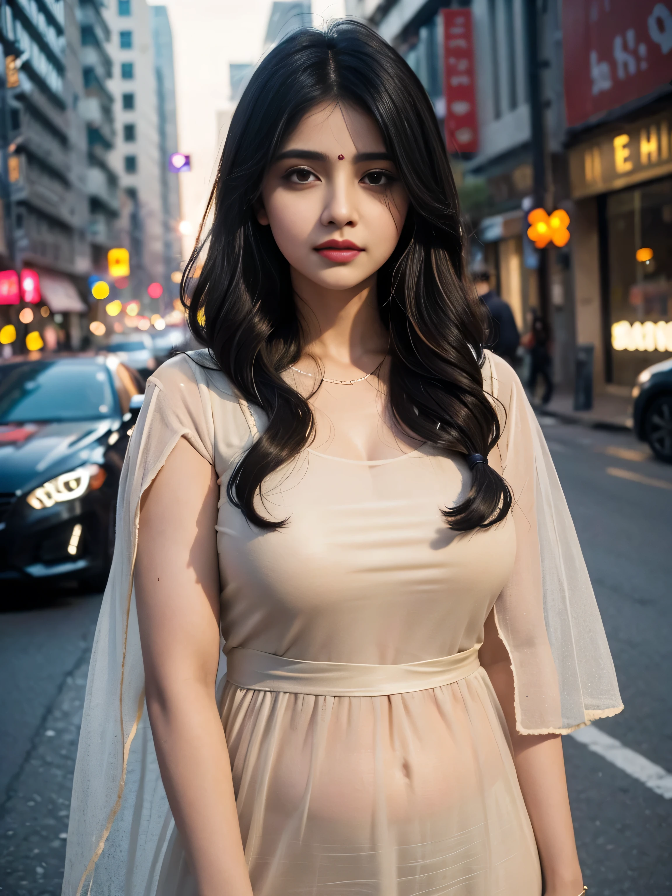 (((desi girl))), chubby face, natural skin, wearing hot deep neck top and dupatta, charming black hair, ((hair ends are blonde)), city streets background, bokeh