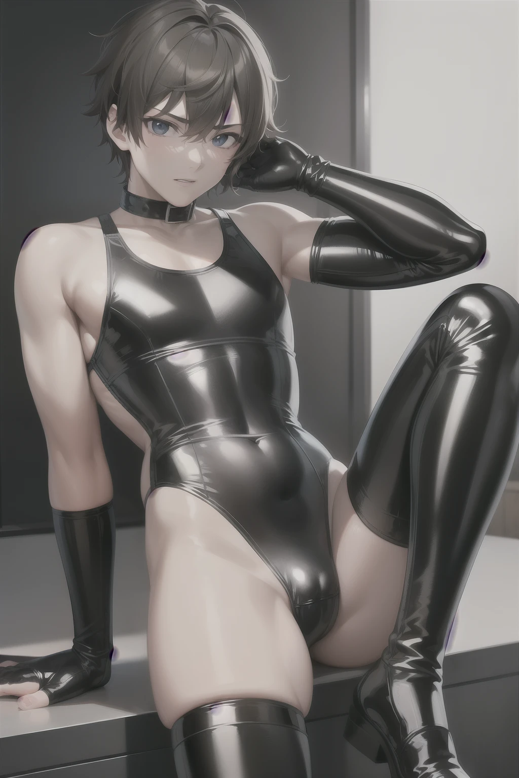 age boy wearing a latex jersey and jockstrap