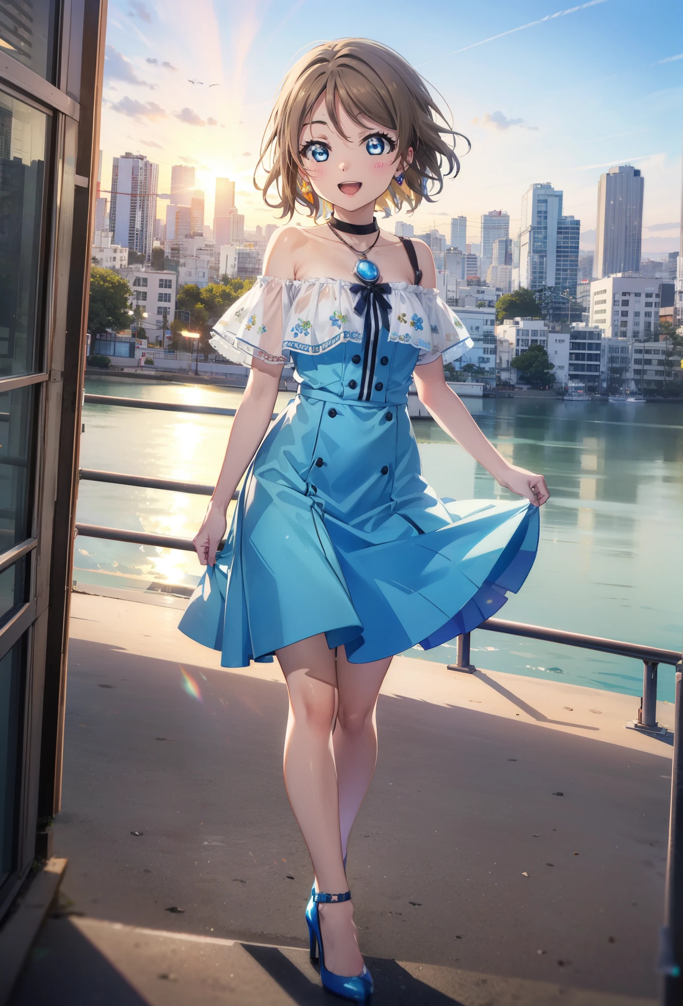 Yo Watanabe, Yu Watanabe, short hair, blue eyes, Brown Hair, smile, happy smile, smile, Open your mouth,Orange hair band,Rocket Pendant,Off-the-shoulder blue dress,Bare neck,Bare shoulders,bare clavicle,Blue long skirt,Cute stiletto heels,evening,Sunset,walking,The sun is setting,whole bodyがイラストに入るように,Looking down from above,
break outdoors, Coastal Road,Building district,
break looking at viewer, whole body,
break (masterpiece:1.2), highest quality, High resolution, unity 8k wallpaper, (figure:0.8), (Beautiful fine details:1.6), Highly detailed face, Perfect lighting, Highly detailed CG, (Perfect hands, Perfect Anatomy),