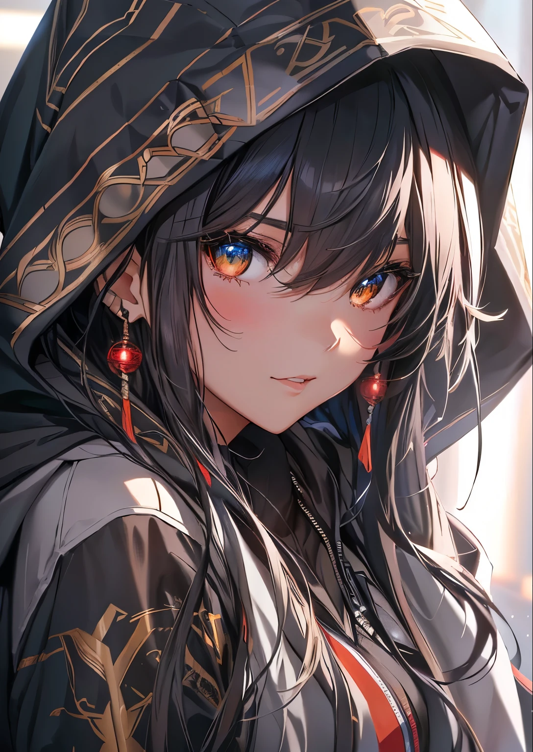 anime girl with black hair and a hoodie with a hood on, detailed portrait of anime girl, detailed digital anime art, beautiful anime portrait, portrait of a female mage, stunning anime face portrait, artwork in the style of guweiz, guweiz on artstation pixiv, portrait anime girl, guweiz on pixiv artstation, anime art wallpaper 8 k