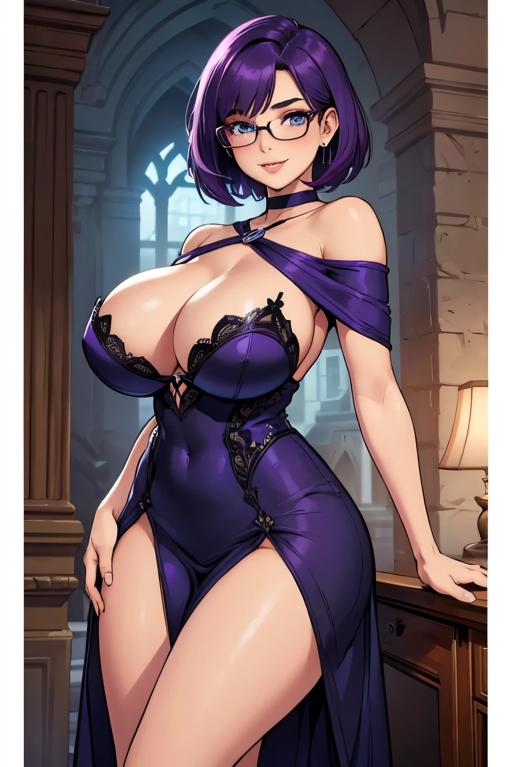 Beautiful young teenager, 1girl, purple hair, blue eyes, extremely short hair, freckles on face, happy, smiling, thin frame eyeglasses, thick lips, full lips, huge breasts, extreme cleavage, deep cleavage, very thin body, elegant dress, off-shoulder dress, strapless, plunging neckline, deep v neckline, sleeveless, bare arms, high heels, perfect anatomy, castle interior background, ultra-detailed, 4k, 8k, best quality, masterpiece, model, modeling, posing for camera, detailed background