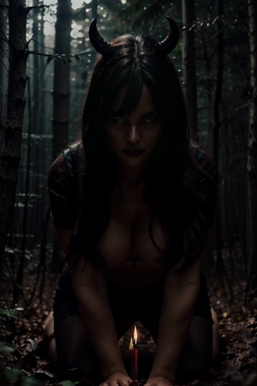 A woman who is summoning a demon, predatorial eyes, devourer, very beautiful, highly detailed, 4k resolution, masterpiece,night forest scenario,digital art