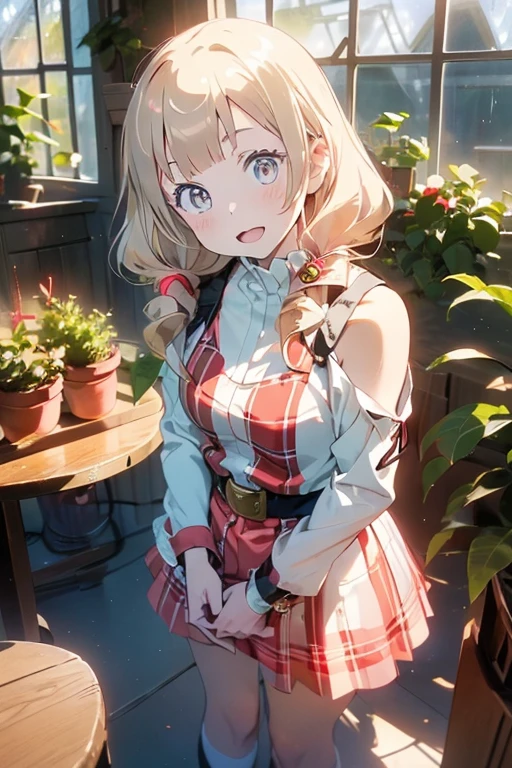((Masterpiece)), (Anime:1.5), ((best quality)), (super detail:1.2), (High Definition:1.3), (High Definition:1.3), (Professional Photography:1.2), ((12 years old)), cinematic lighting, cute teenage girl, Plaid dress, (Off-Shoulder dress), hoop dress, bow, pale blonde hair, (lolita fashion), (Vibrant Pose), exposed bare shoulder and arms, lolita style, (looking at another), cute smile, open mouth, pretty, portrait of lolita girl, emo style, red checker, (against the giant greenhouse), ribbon belt, ((spoken heart)), (sharp focus), (perfect light),
