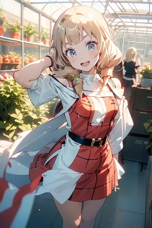 ((Masterpiece)), (Anime:1.5), ((best quality)), (super detail:1.2), (High Definition:1.3), (High Definition:1.3), (Professional Photography:1.2), ((12 years old)), cinematic lighting, cute teenage girl, Plaid dress, (Off-Shoulder dress), hoop dress, bow, pale blonde hair, (lolita fashion), (Vibrant Pose), exposed bare shoulder and arms, lolita style, (looking at another), cute smile, open mouth, pretty, portrait of lolita girl, emo style, red checker, (against the giant greenhouse), ribbon belt, ((spoken heart)), (sharp focus), (perfect light),
