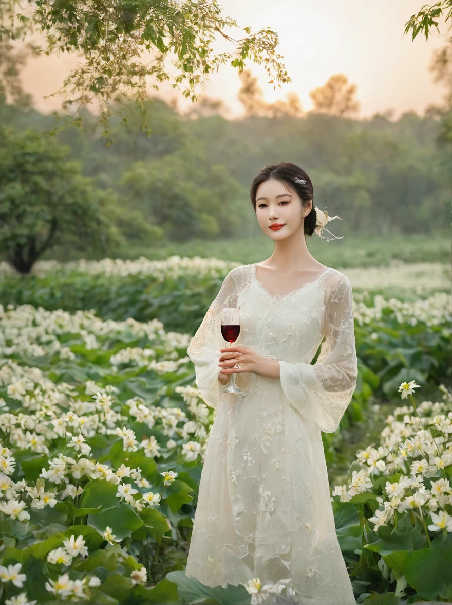 At dusk，The goddess of wine is hidden in the forest of flowers and trees，Wearing a white lace opaque dress，There is a pure white snow lotus painted on it，Holding a wine bottle in one hand，Holding a wine glass in one hand，She smiled at me，Revealing the true feelings after drinking，At this moment, her smile is like a pure angel，The soul is as pure as the moon，There is also a crescent moon in the background，Beautiful painting，Romantic，Natural light, Elegant and beautiful, Romanticism, Luminism, first-person view, cowboy shot, UHD, masterpiece, accurate, anatomically correct, high details, award winning, 8k