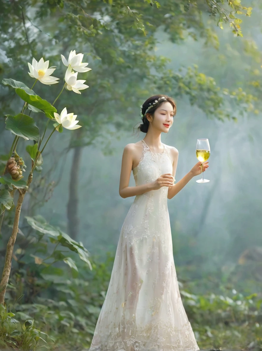 At dusk，The goddess of wine is hidden in the forest of flowers and trees，Wearing a white lace opaque dress，There is a pure white snow lotus painted on it，Holding a wine bottle in one hand，Holding a wine glass in one hand，She smiled at me，Revealing the true feelings after drinking，At this moment, her smile is like a pure angel，The soul is as pure as the moon，There is also a crescent moon in the background，Beautiful painting，Romantic，Natural light, Elegant and beautiful, Romanticism, Luminism, first-person view, cowboy shot, UHD, masterpiece, accurate, anatomically correct, high details, award winning, 8k