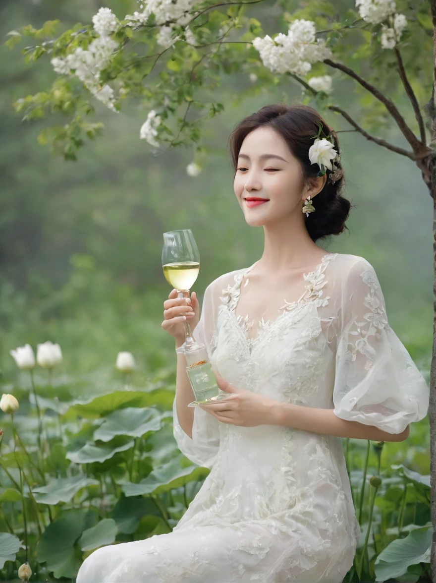 At dusk，The goddess of wine is hidden in the forest of flowers and trees，Wearing a white lace opaque dress，There is a pure white snow lotus painted on it，Holding a wine bottle in one hand，Holding a wine glass in one hand，She smiled at me，Revealing the true feelings after drinking，At this moment, her smile is like a pure angel，The soul is as pure as the moon，There is also a crescent moon in the background，Beautiful painting，Romantic，Natural light, Elegant and beautiful, Romanticism, Luminism, first-person view, cowboy shot, UHD, masterpiece, accurate, anatomically correct, high details, award winning, 8k