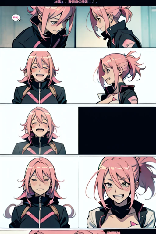 Anime girl with pink hair, laughing in insanity, manga page with panels and dialogue