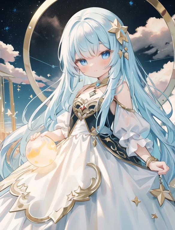 (masterpiece, best quality: 1.2), high resolution, high quality, dress made of star particles, cute long hair, cute hair ornament, hand close to view, energy sphere in hand,