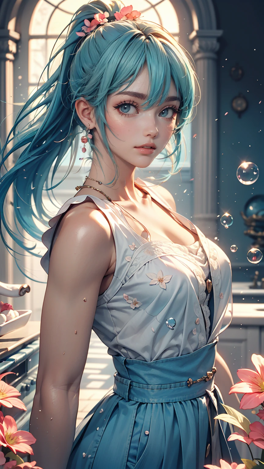 (masterpiece), (highest quality), (Super detailed),(Disheveled Hair),(figure), (One girl), (Fashionable clothes), Are standing, Fashion Model, View Viewer, (interview), (Simple Background),Beautiful fine details, Delicate and beautiful face, floating,(High chroma),(Colorful splashes),Colorful Bubbles,(The Shining), Focus on the face, ponytail, kamisato ayaka, Light blue hair, bangs, Hair Ring, Floating Flowers, Floating hair, (The Shining), Best lighting, Best Shadow,