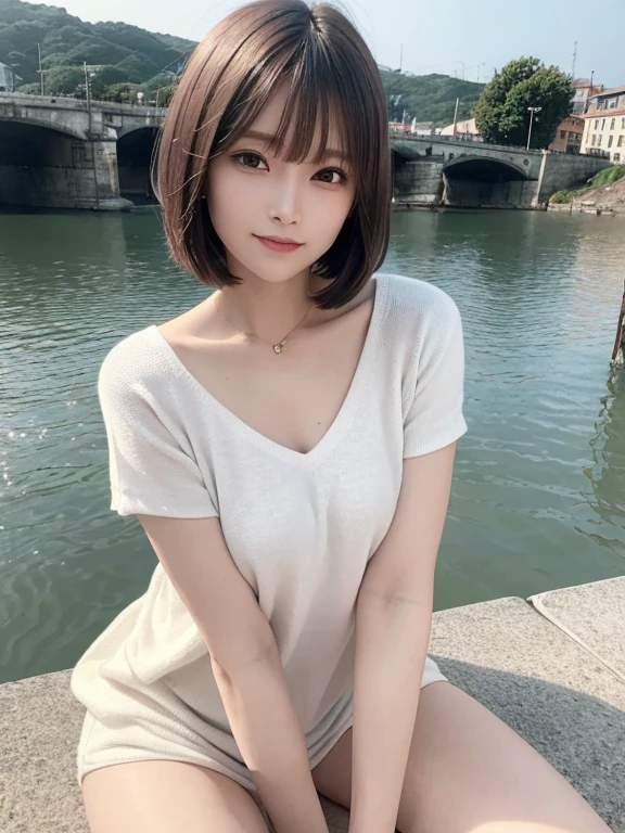 masterpiece, highest quality, High resolution,alone,Brown,artistic,Best lighting,Casual clothing,Flat Chest,Beautiful Face,expensive,smile,light makeup,Age 26,Calm woman,Detailed Hair,Laughing woman,Face Focus,Bob Cut Hair,Very white skin,Thin eyebrows,outside,,Woman in sneakers,On Bridge,