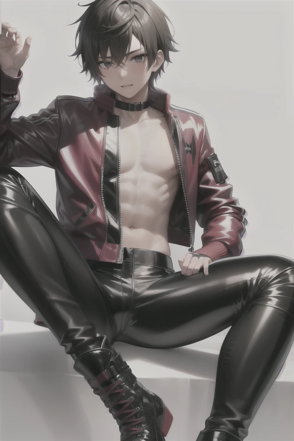 Teenage boy wearing a latex jersey and jockstrap with a latex bomber jacket wearing baseball pants