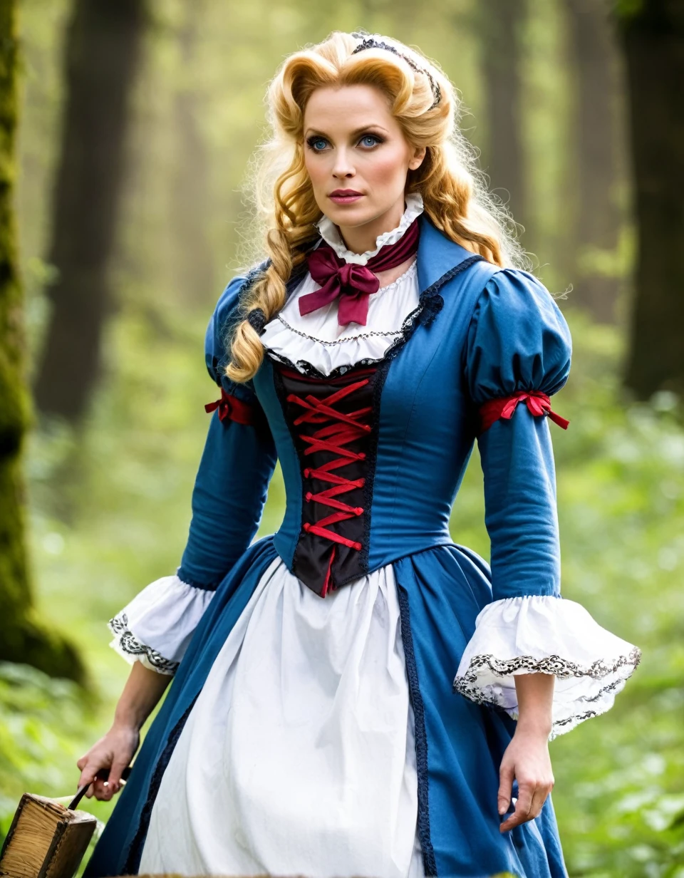 doomer mercenary Belle Delphine as Alice in wonderland with a survivor outfit, blonde hair hidden under a scarf, mature female, looking serious, following a white rabbit running away, fairy tales, in apocalyptic style 