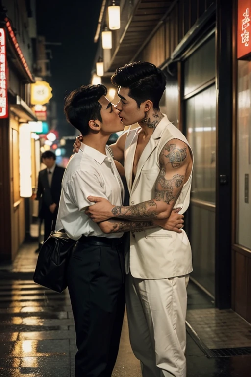 Masterpiece, Best Quality, two men, handsome tanned 25 year old Korean Man dressed like a smart mafia gangster with tattoos, rugged 25 year old very fair taiwanese man dressed like a poor roadside hawker, hugging each other, kissing while directly looking at each other lovingly, delicate stylish hair, exposed chest, holding hands, breast grab, sharp focus, photorealistic, perfect hands, perfect fingers, perfect faces, full body in frame, zoom out, perfection, creative artistic framing, cinematic movie poster style, hongkong in the 70s setting, soft lighting, romantic atmosphere,