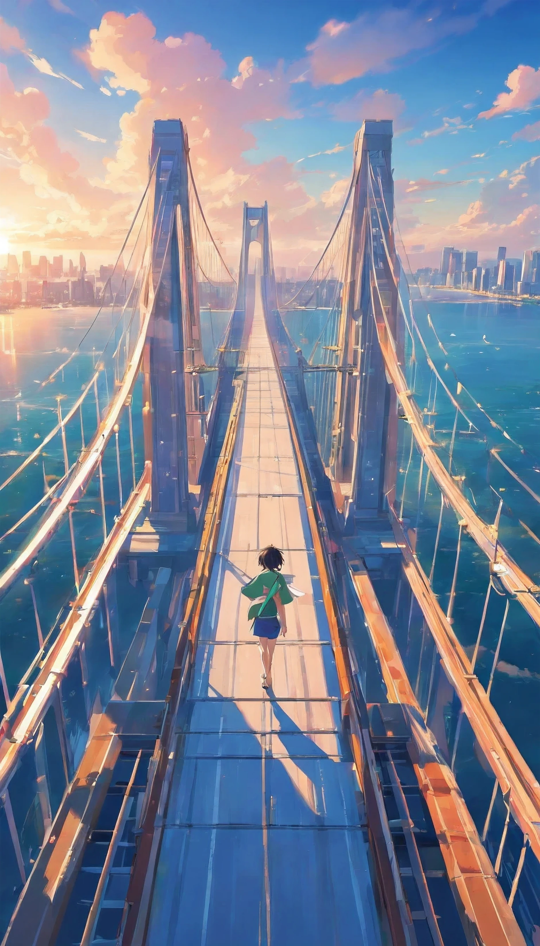 Huge bridge, anime styled, side top view, highly detailed, high-tech suspension bridge