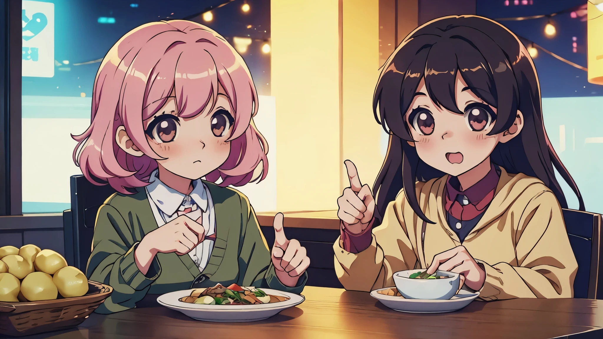 a cute kawaii potato showing the mid finger, on the dinner tabble looking at the viewer, two humans looking perplexed at him, anime style, 2000's anime style, dynamic lights, 8k