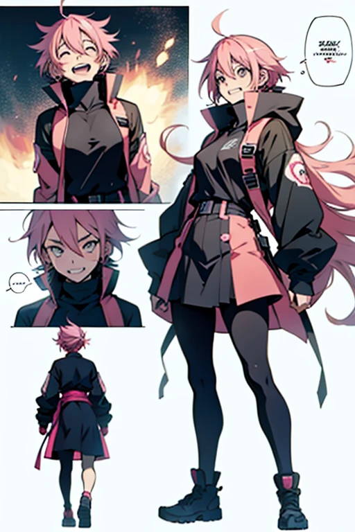 Anime girl with pink hair, laughing in insanity and fighting, full body shots, manga page with panels and dialogue