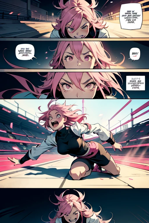 Anime girl with pink hair, laughing in insanity and fighting, full body shots, manga page with panels and dialogue