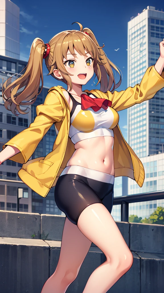 masterpiece, best quality, highres, 1girl, solo, split hair color, brown hair, orange hair, hoshino fumina, yellow jacket, open jacket, sports bra, bike shorts, midriff, sazaki kaoruko, twintails, hair ornament, red ascot, long sleeves, juliet sleeves, puffy sleeves, high-waist skirt, white legwear, happy, dancing cowbow shot, city street