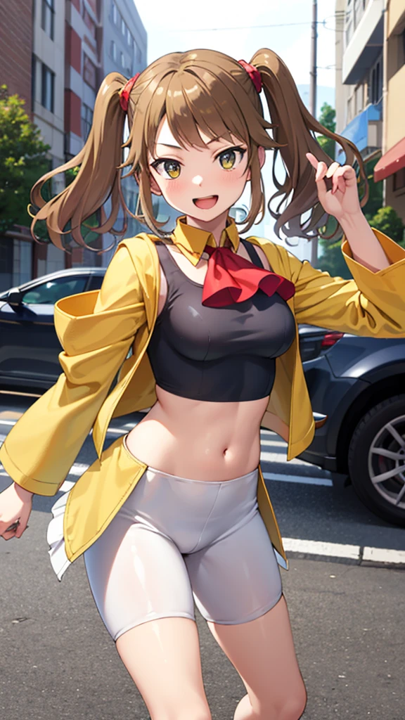 masterpiece, best quality, highres, 1girl, solo, split hair color, brown hair, orange hair, hoshino fumina, yellow jacket, open jacket, sports bra, bike shorts, midriff, sazaki kaoruko, twintails, hair ornament, red ascot, long sleeves, juliet sleeves, puffy sleeves, high-waist skirt, white legwear, happy, dancing cowbow shot, city street