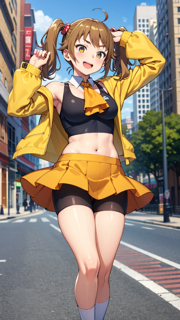 masterpiece, best quality, highres, 1girl, solo, split hair color, brown hair, orange hair, hoshino fumina, yellow jacket, open jacket, sports bra, bike shorts, midriff, sazaki kaoruko, twintails, hair ornament, red ascot, long sleeves, juliet sleeves, puffy sleeves, high-waist skirt, white legwear, happy, dancing cowbow shot, city street