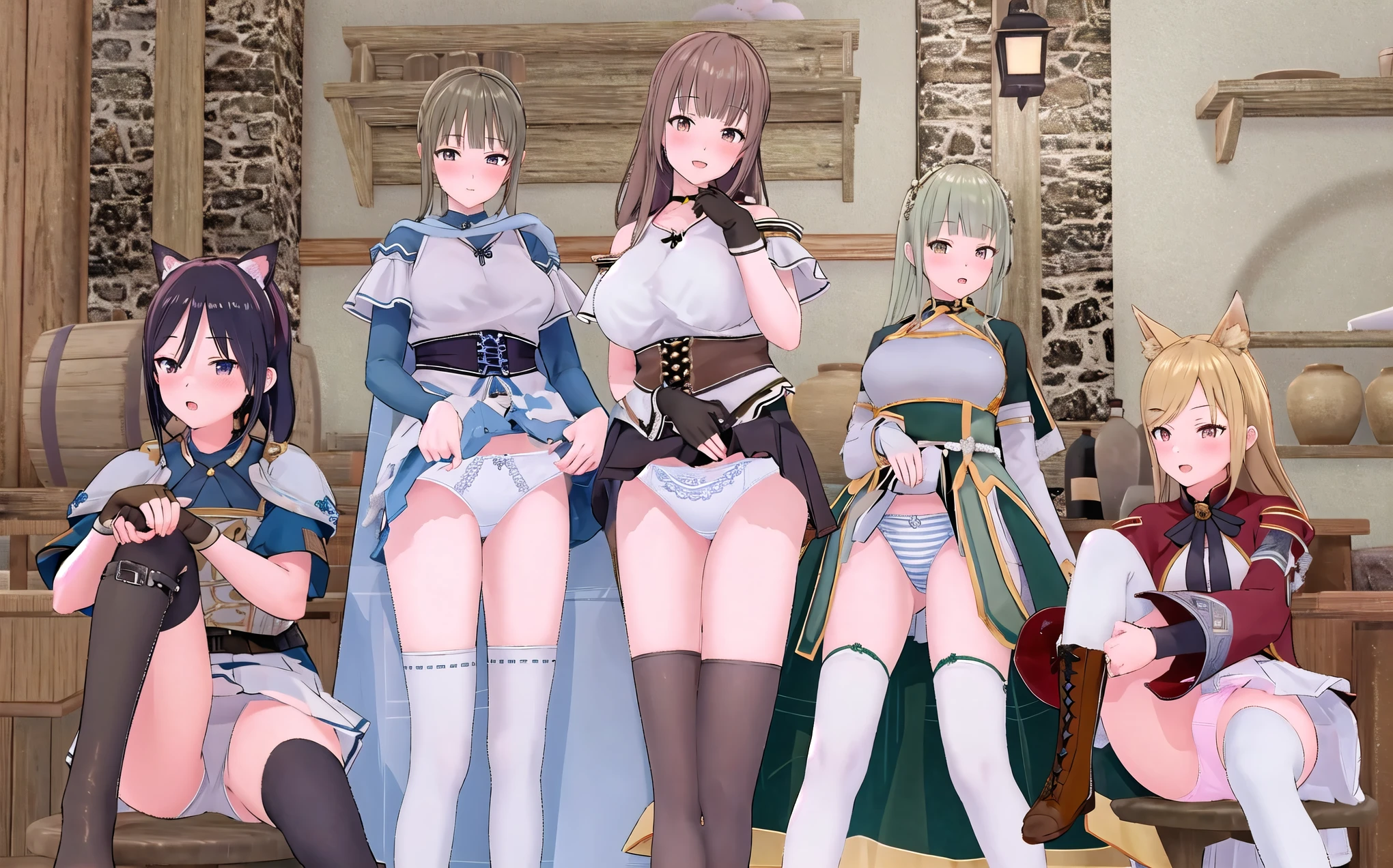 ecchi anime style, ecchi style, azur lane style, visual novel key visual, anime girls in underwear posing for a picture, ecchi anime style, hololive, ecchi, in clothes! highly detailed, visual novel cg, high school girls, upskirt, panty, anime maids riding early tanks, high detail