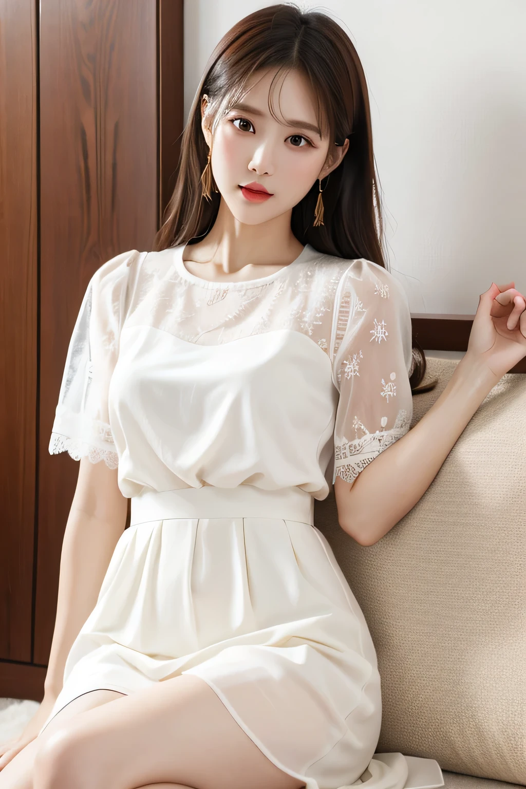 WhiteLace,Close-up of a woman wearing a WhiteLace shirt sitting on a bed, white Lace clothing, Loose tops, white Lace, White, White shirt, White Skirt,chiffon, White fashion clothes, Stylish White Clothing, wearing a White shirt, Lace, Wearing a shirt, Soft!!, dressed in white intricate Lace, cute top, Cream shirt