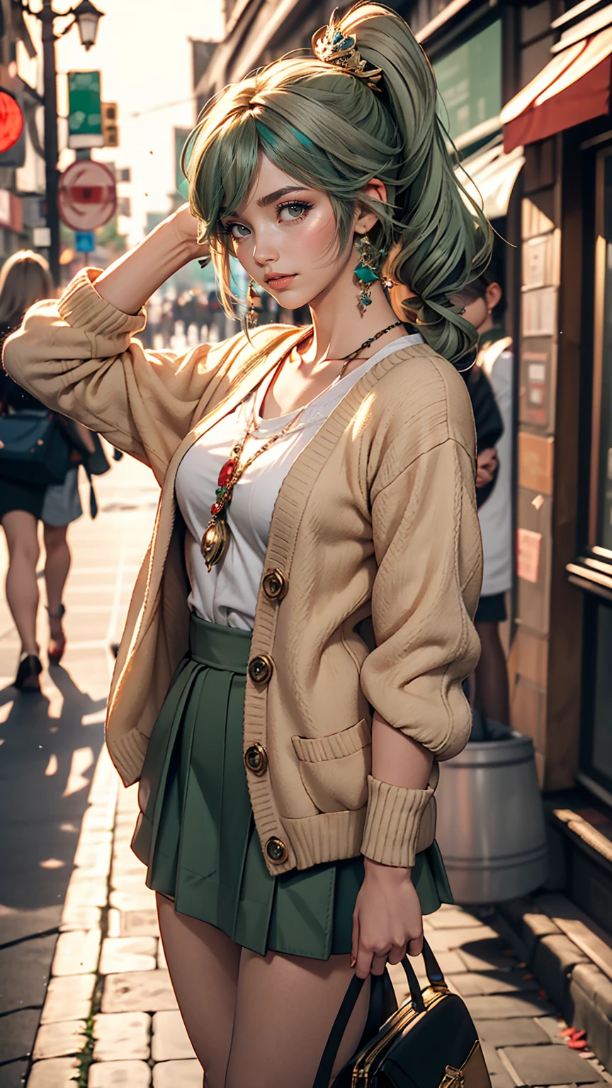 masterpiece , highest quality,Nahida(Genshin Impact) ,One girl , Small breasts,Long Hair ,Side Ponytail, hair ornaments , Gray Hair , Green Hair , Place your hands behind your head:1.5,Multicolored Hair, Fairy , Pointed Ears ,  , skirt ,cardigan,road , street,Looking at the audience