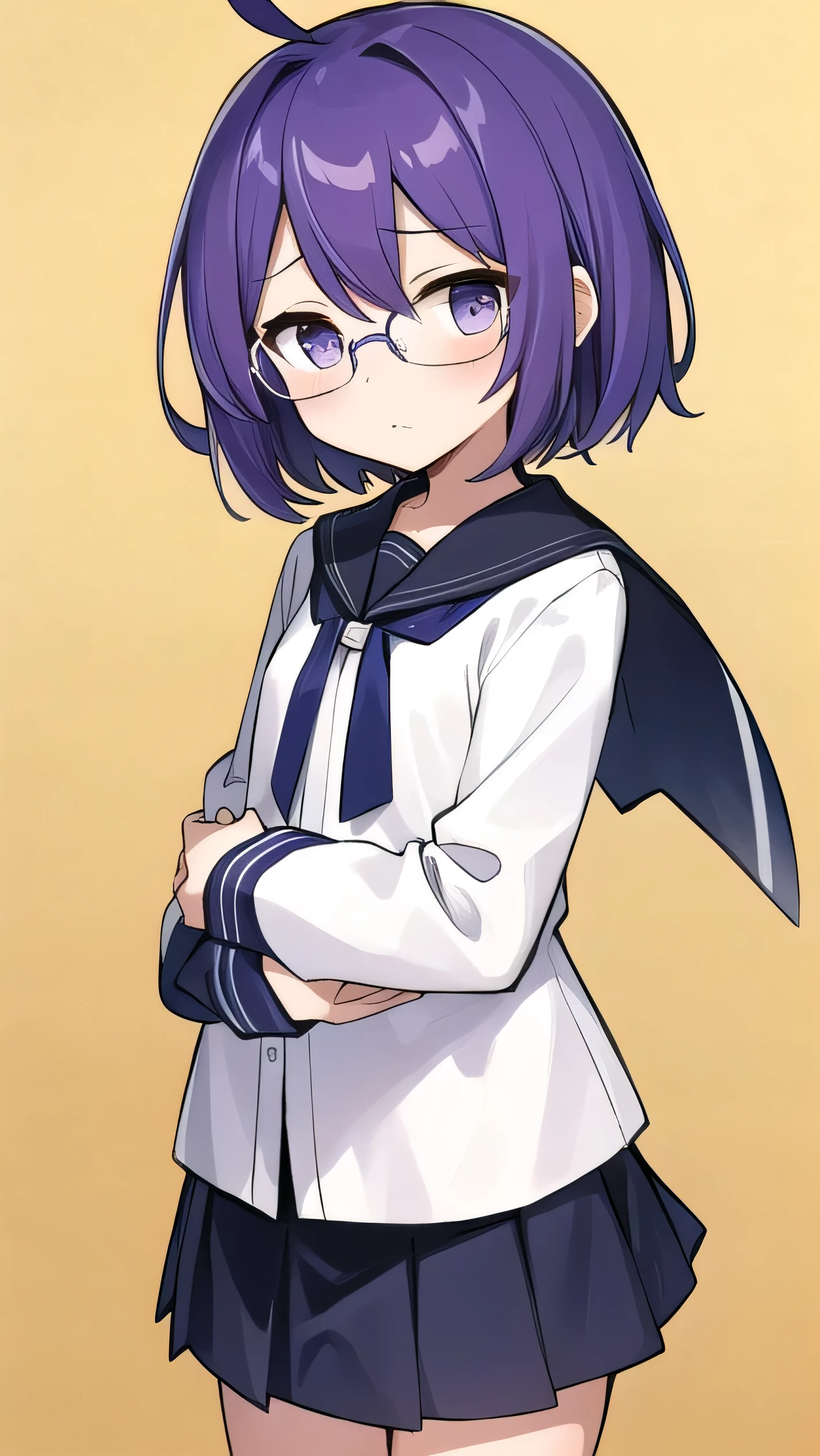 (Purple hair:1.4), gray eyes, white , navy blue miniskirt, , short, short long hair, kind expression, shy, almost no breasts, slightly exposed. hair,(flipped hair ), flipped hair, long sleeves, ahoge, girl alone, flipped hair, flipped hair, flipped hair, flipped hair, glasses with no edges, embarrassed, ，(flat chest),(slender)