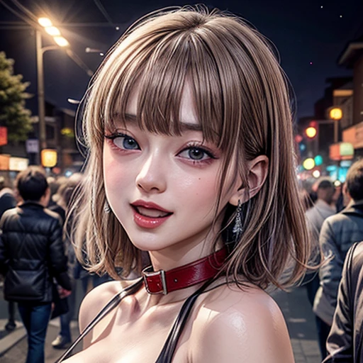 masterpiece of professional Analog photo, realistic and photorealistic with touch of rawness, (a close-up portrait of a woman wearing thongs on a city street), Dusk violet Sky, intricate lighting effects with light particles, (many colorful lights dazzling bokeh), Traffic lights, a crowd of fashionable street girls in the background, { Childish | Gigantic Cleavage }, (((NOGIZAKA))) Extremely Detailed very KAWAII face variation, perfect anatomy, captivating gaze, elaborate detailed Eyes with (sparkling highlights:1.2), long eyelashes、Glossy RED Lips with beautiful details, Coquettish tongue, Rosy cheeks . (Dynamic joyful expressions), { Ecstasy | :D | screaming | Perplexed }, Mystic sight . hair and eye color is same color, { Red leather high collar | Red ribbon }, from diagonally angle .