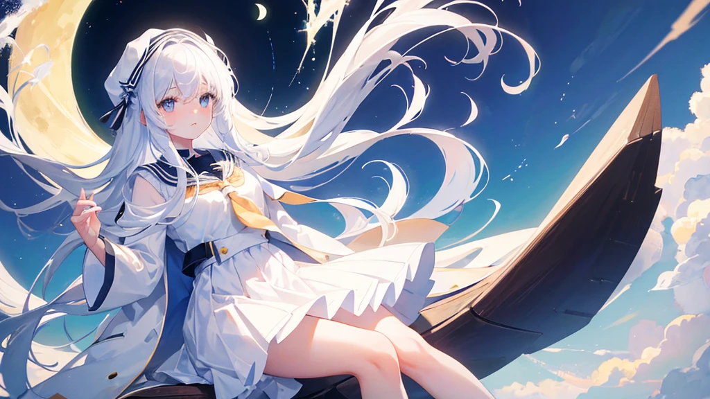 girl with white long hair, bangs, white eyes, judge girl, white royal school clothes, moon and sky, 8k resolution, detail
