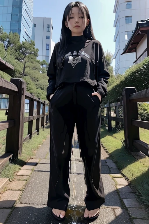 Japanese Girl sees the ghost and pees her black palazzo pants until her pants are wet in fright.