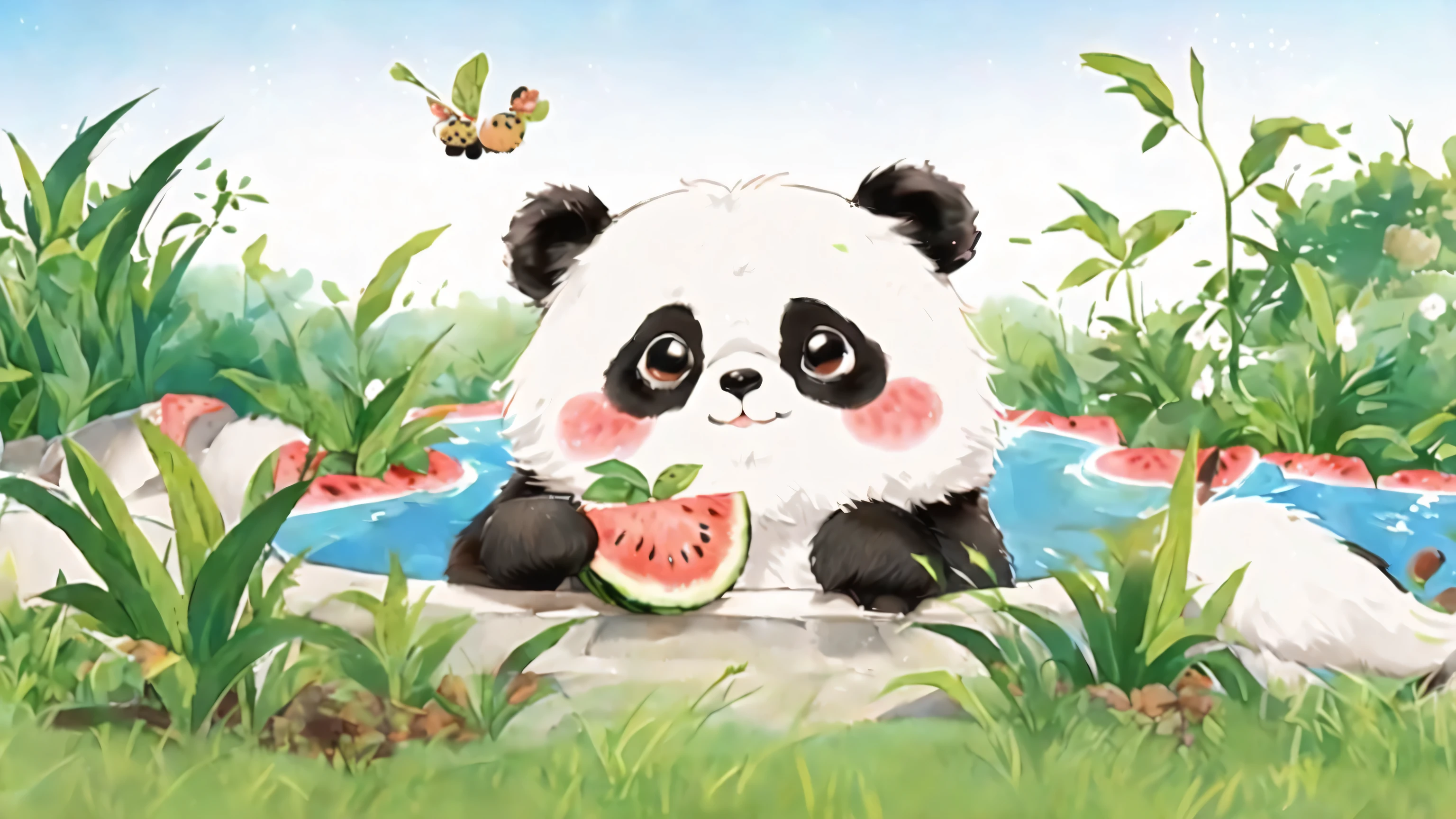 panda bear sitting in the grass with a watermelon in its mouth, cute panda, panda panda panda, Cute numbers, cute numbersArt, panda, Lovely and detailed digital art, Lovely artwork, a cute giant panda, Wallpapers – 1 0 2 4, tian zi, Cute illustrations, author：Yang Borun, author：Yang Jie, author Ni Tian, Lovely detailed artwork