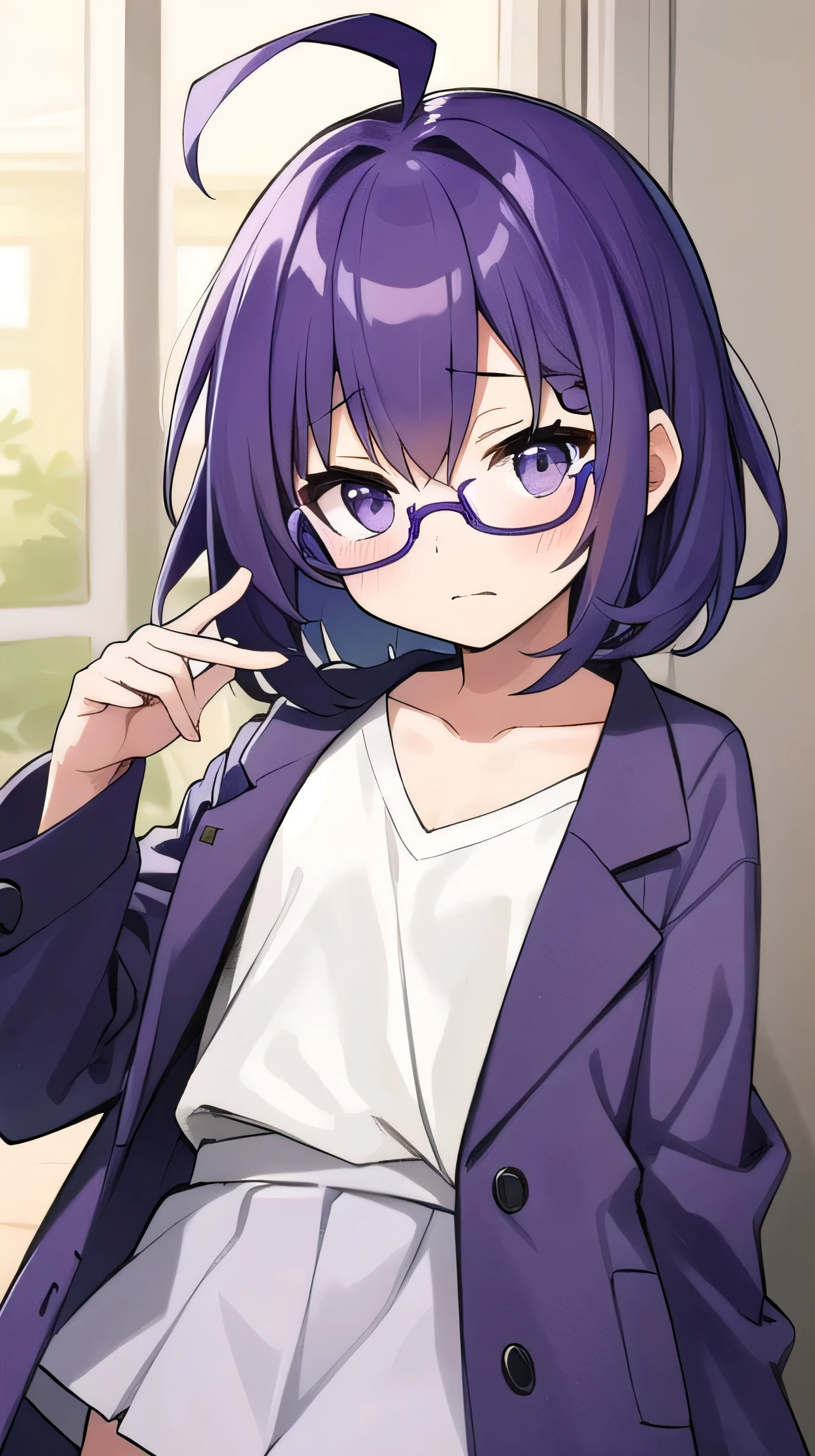 (adult), (man) ((tall)), ((ciel (tsukihime) )), masterpiece, best quality, very aesthetic, absurdres, shiny skin, Perfect face, Perfect shadowing, Perfect cloathing, skindentation, (dark blue hair)), messy fuss hair, purple eyes, colegial white shirt, black vest, glasses, ((black coat)), black cargo pants, colegial, carrying a wooden case with strap, bags under eyes, (faint smile), ((draw by asura)).