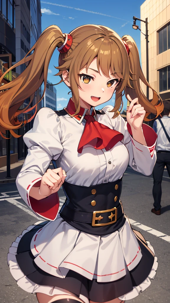 masterpiece, best quality, highres, 1girl, solo, split hair color, brown hair, orange hair, hoshino fumina, sazaki kaoruko, twintails, hair ornament, red ascot, long sleeves, juliet sleeves, puffy sleeves, high-waist skirt, white legwear, happy, dancing cowbow shot, city street