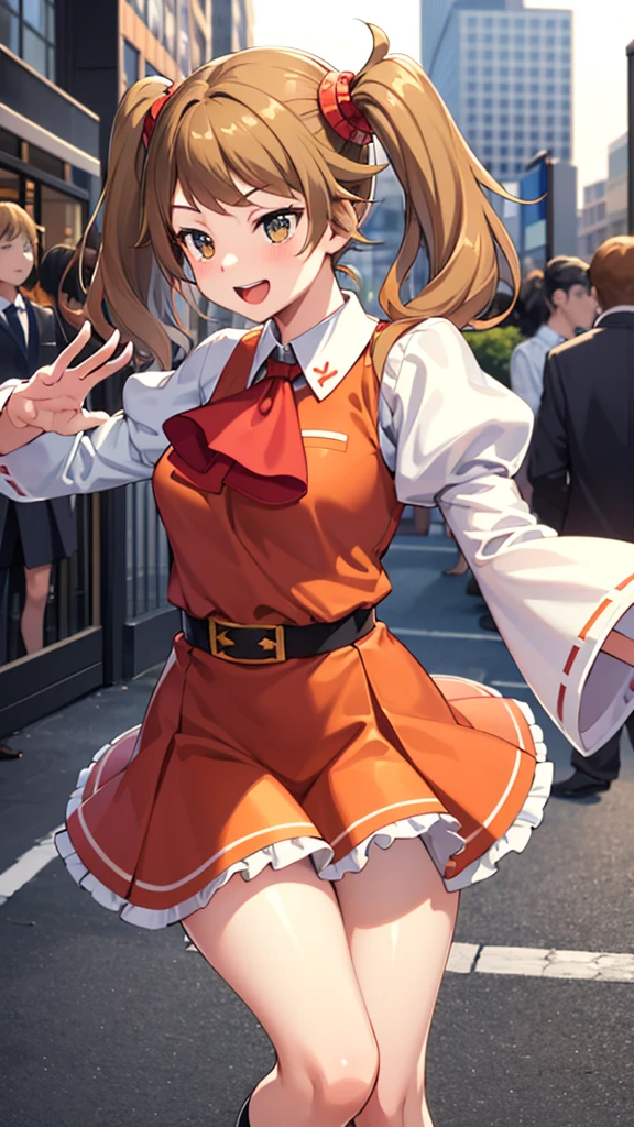 masterpiece, best quality, highres, 1girl, solo, split hair color, brown hair, orange hair, hoshino fumina, sazaki kaoruko, twintails, hair ornament, red ascot, long sleeves, juliet sleeves, puffy sleeves, high-waist skirt, white legwear, happy, dancing cowbow shot, city street