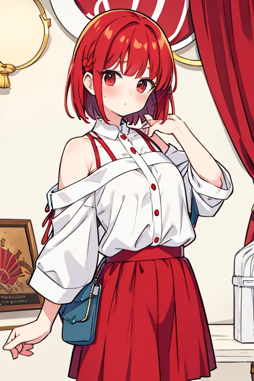 short hair, side braid, bangs, hair over shoulder, hair spread out, red hair, tired, shy, embarrassed, from side, 8k, super detail, best quality
